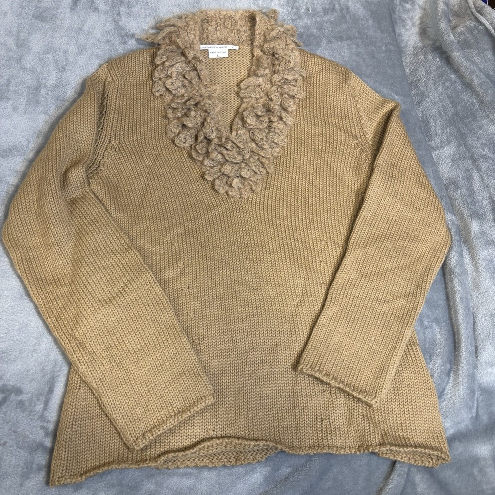 Textured Ruffle V-Neck Sweater in Tan